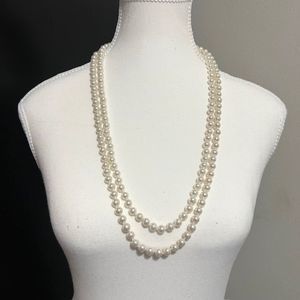 White Faux Pearl Long 58 Inch Necklace Knotted Nice Quality Pearl Necklace